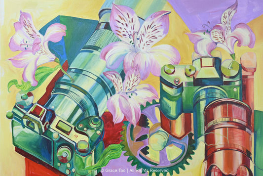 Cameras and Flowers Original Acrylic Painting